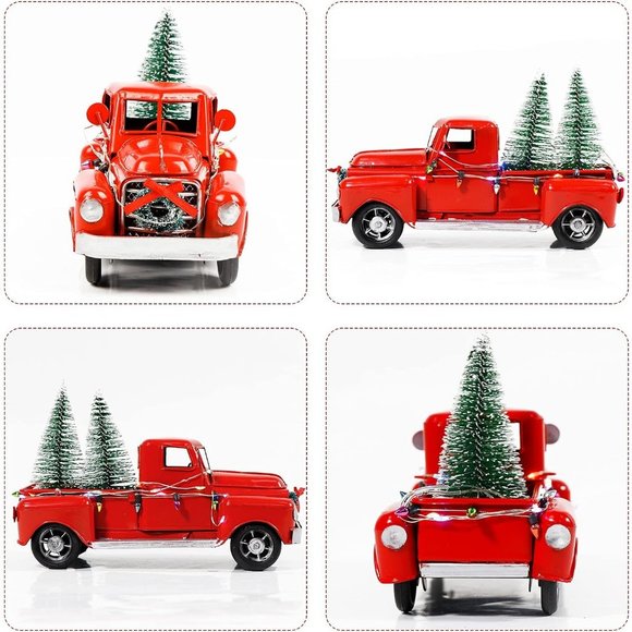 Red LED String Lights Vintage Metal Truck with Mini Christmas Trees Decorations - Picture 3 of 6